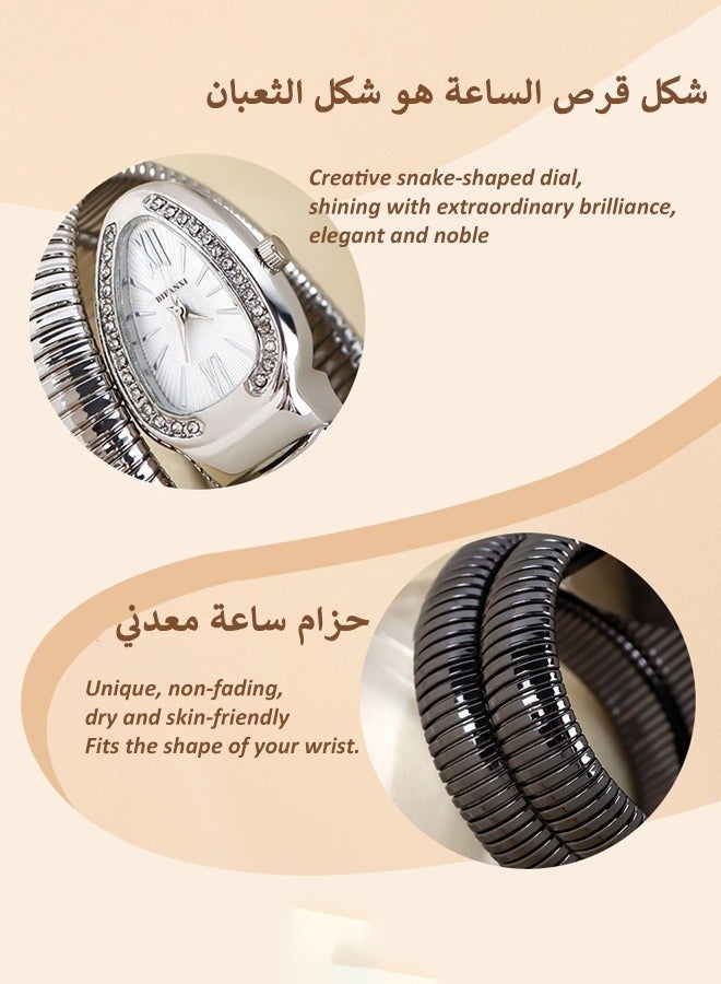 BIFANXI ساعة يد نسائية أنيقة، ساعة كوارتز بتصميم ماسي على شكل ثعبان، ساعة سوار أنيقة ومتعددة الاستخدامات - Image 3